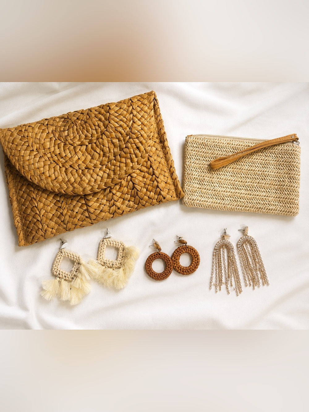 Resort - Woven Straw Clutch, straw wristlet & 3 sets earrings all neutral colors